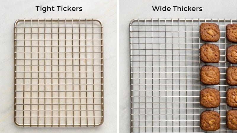 A close-up comparison of a tight grid and a wide grid wire rack